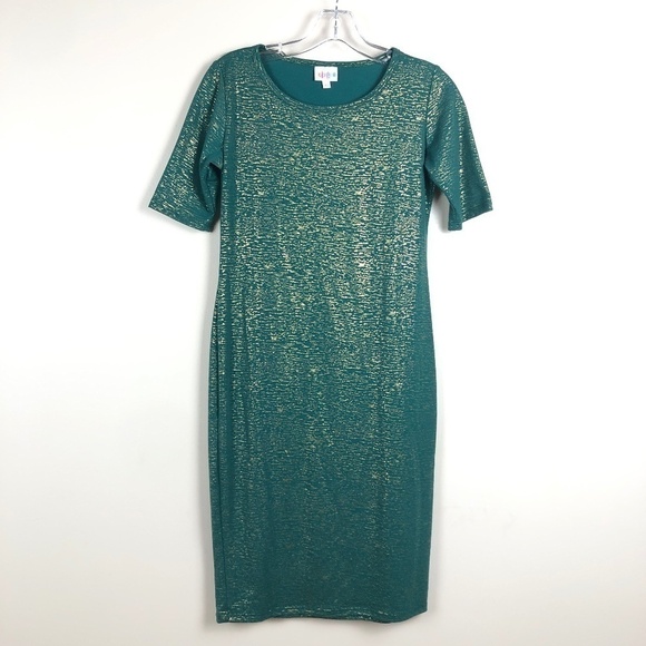 LuLaRoe Dresses & Skirts - Lularoe Julia green with gold metallic body con dress